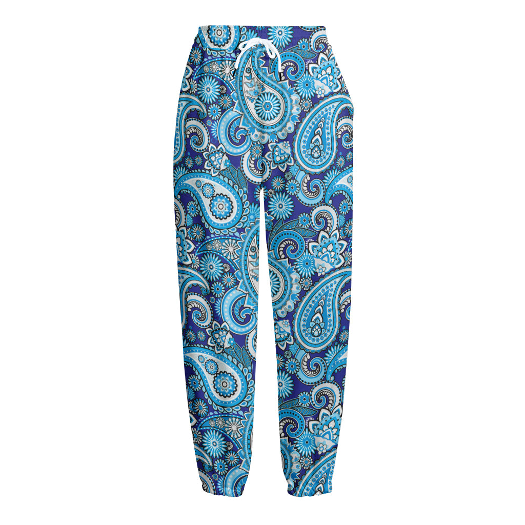 Blue Paisley Pattern Print Fleece Lined Knit Pants