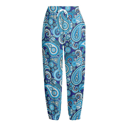Blue Paisley Pattern Print Fleece Lined Knit Pants