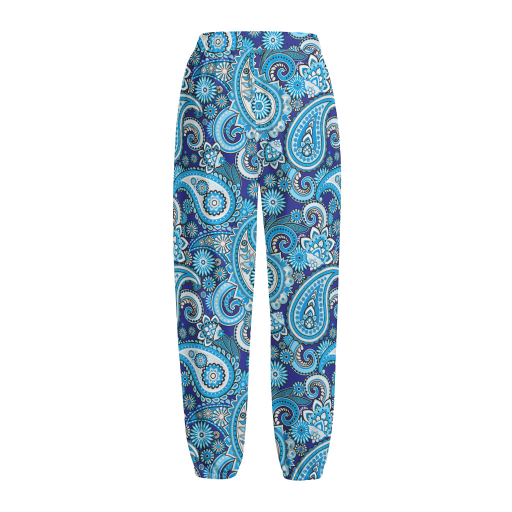 Blue Paisley Pattern Print Fleece Lined Knit Pants