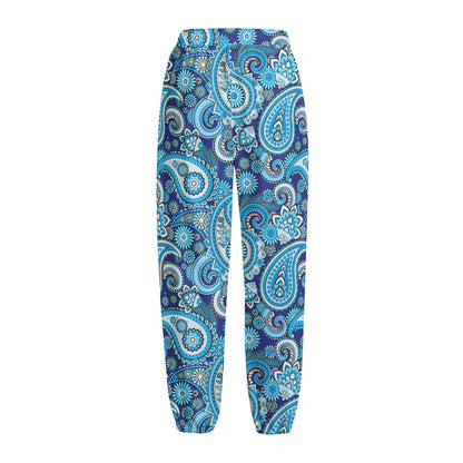 Blue Paisley Pattern Print Fleece Lined Knit Pants