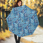 Blue Paisley Pattern Print Foldable Umbrella