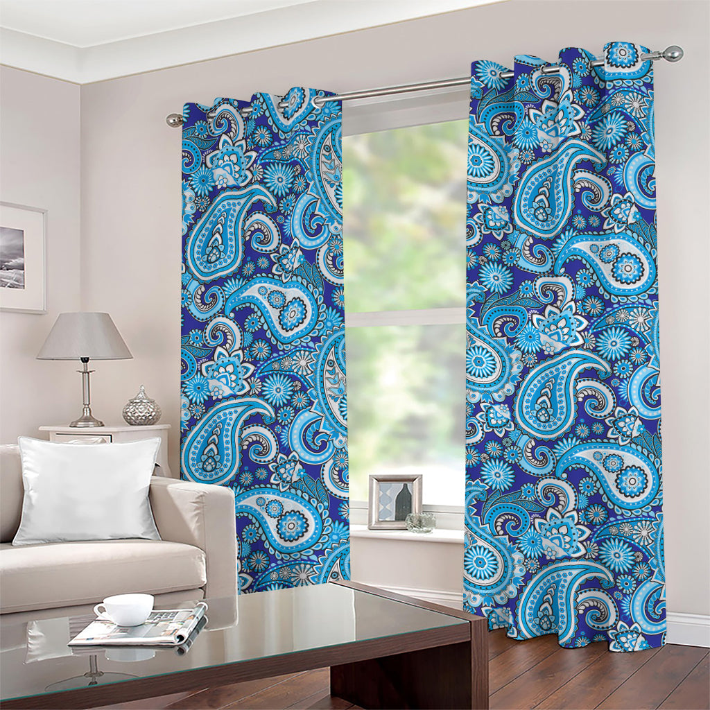 Blue Paisley Pattern Print Grommet Curtains