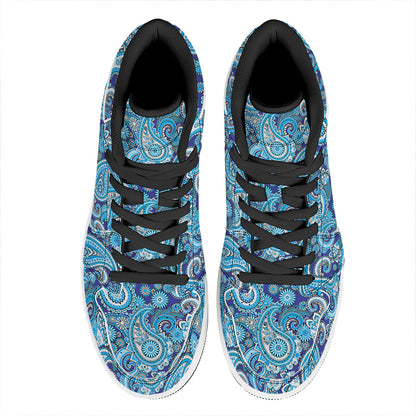 Blue Paisley Pattern Print High Top Leather Sneakers