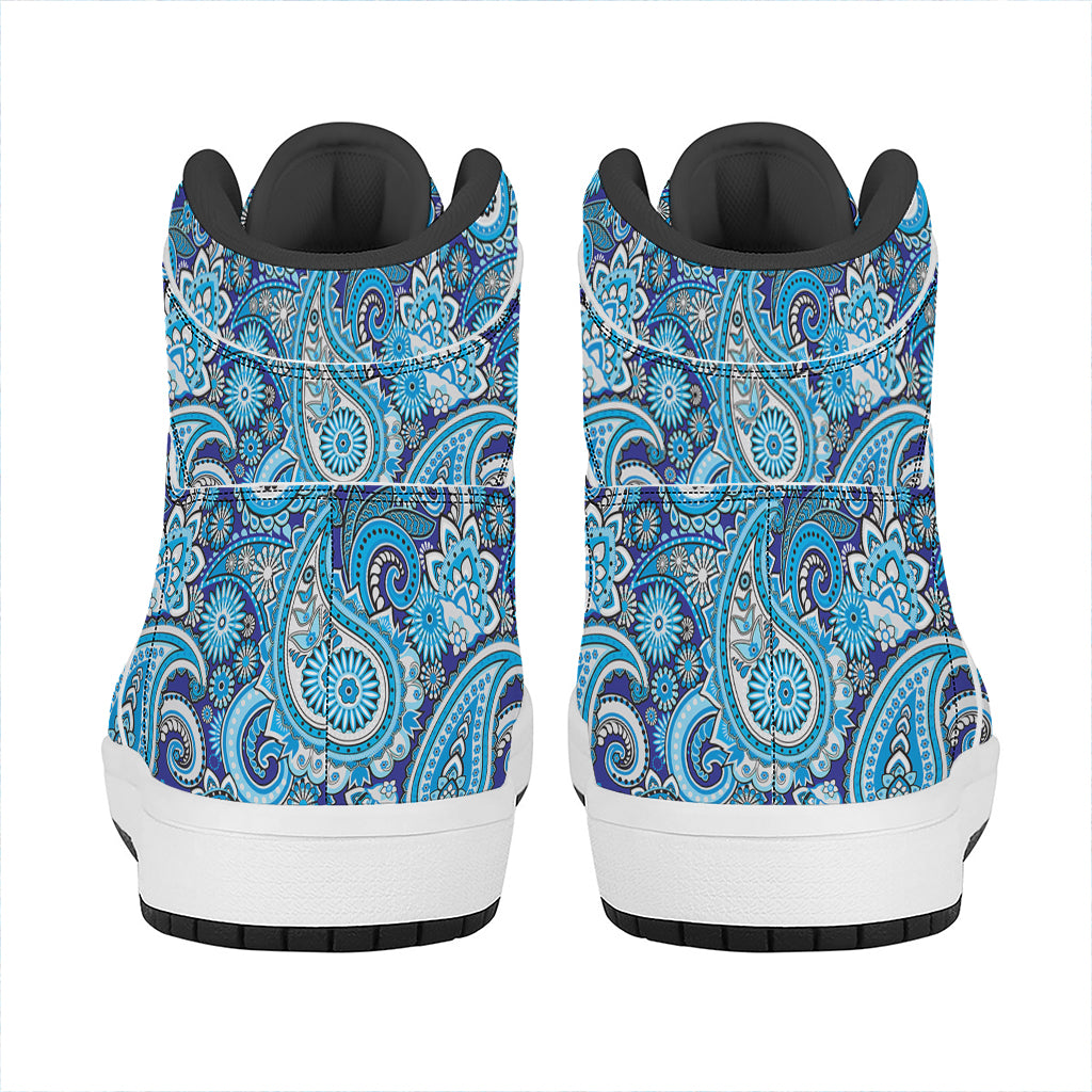 Blue Paisley Pattern Print High Top Leather Sneakers