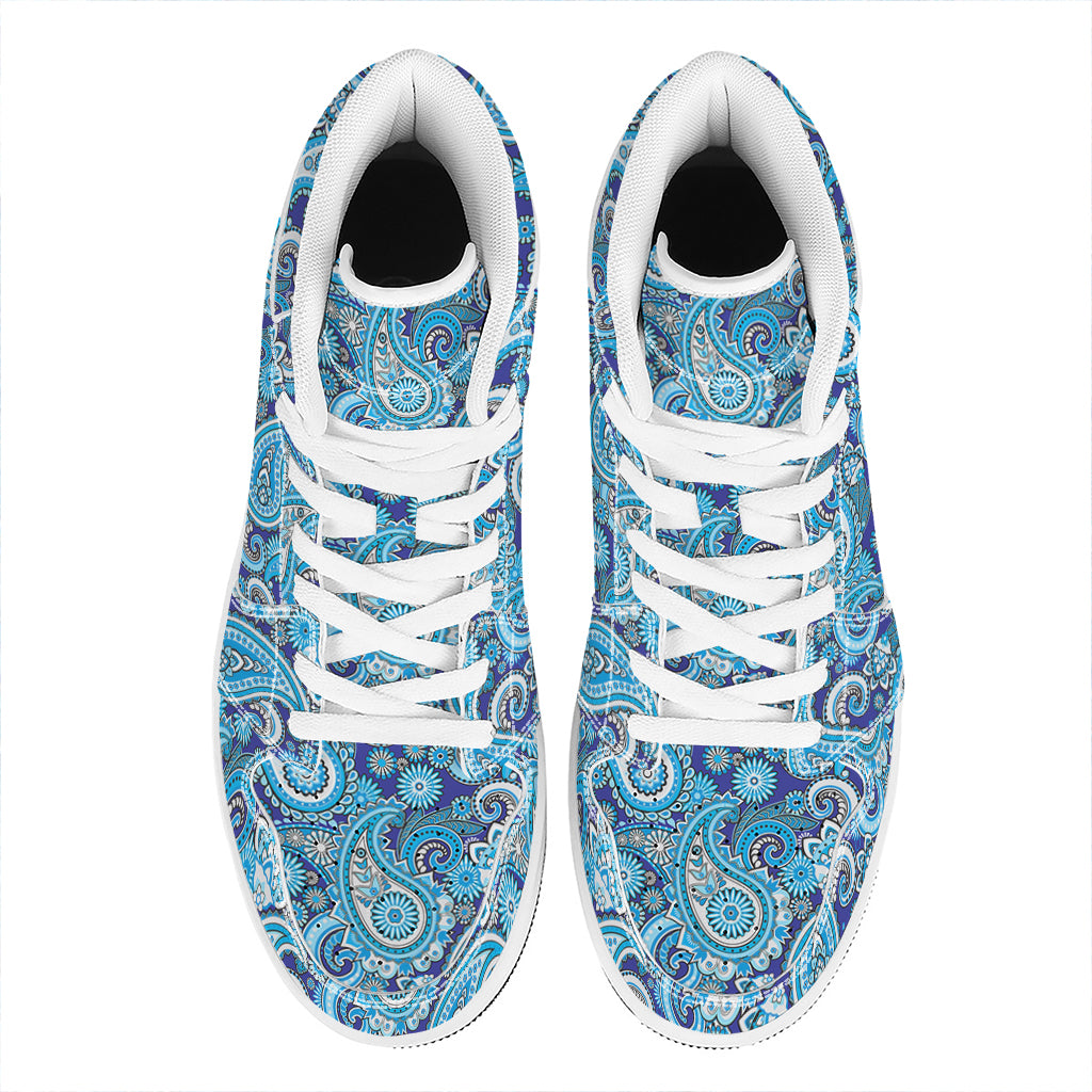 Blue Paisley Pattern Print High Top Leather Sneakers