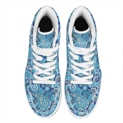 Blue Paisley Pattern Print High Top Leather Sneakers