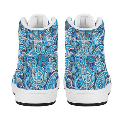 Blue Paisley Pattern Print High Top Leather Sneakers