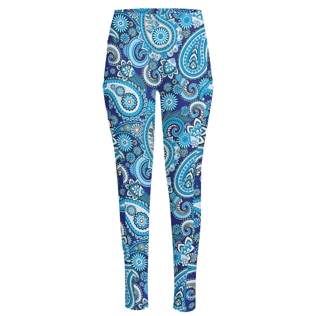 Blue Paisley Pattern Print High-Waisted Pocket Leggings