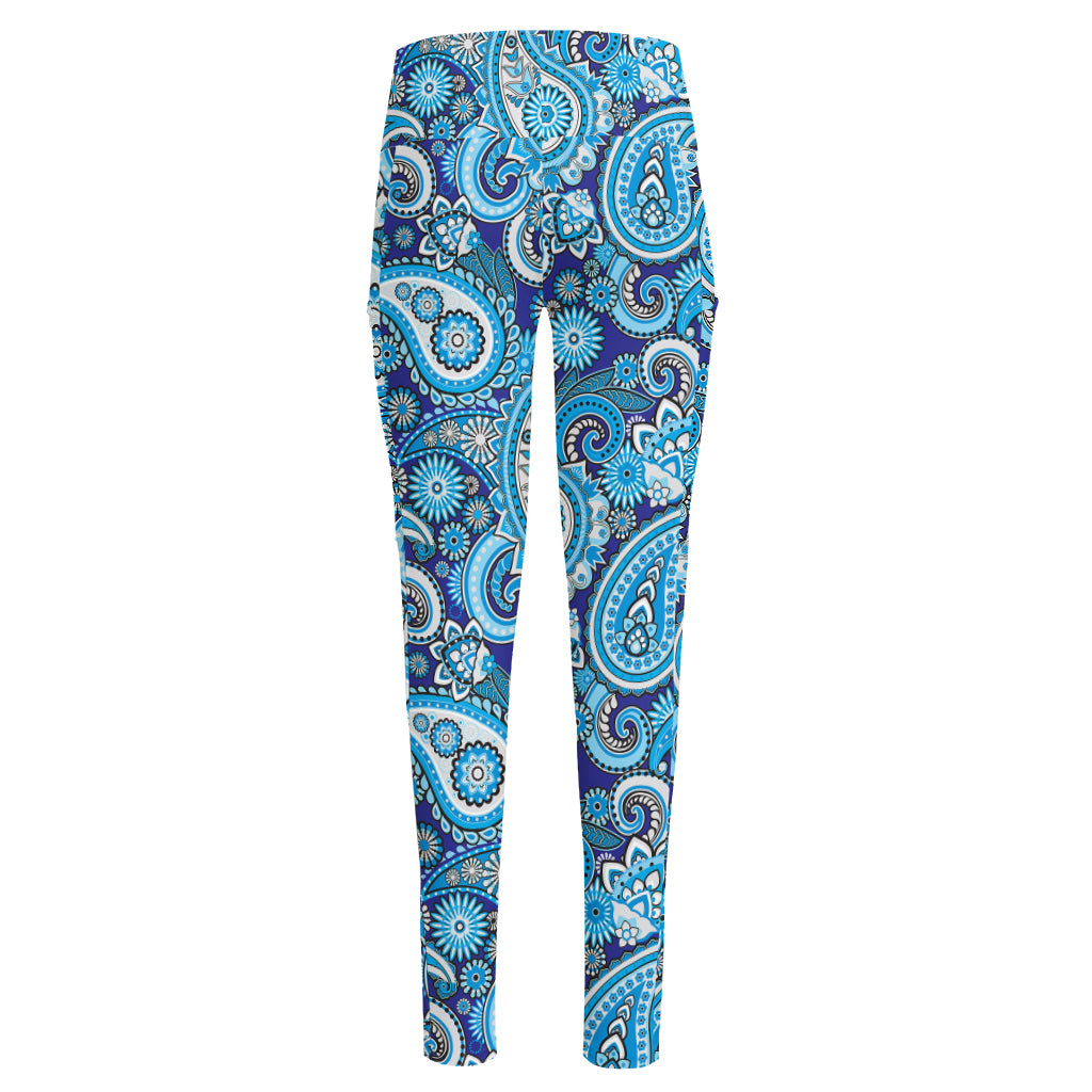 Blue Paisley Pattern Print High-Waisted Pocket Leggings