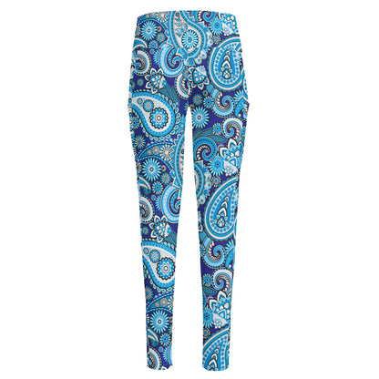 Blue Paisley Pattern Print High-Waisted Pocket Leggings