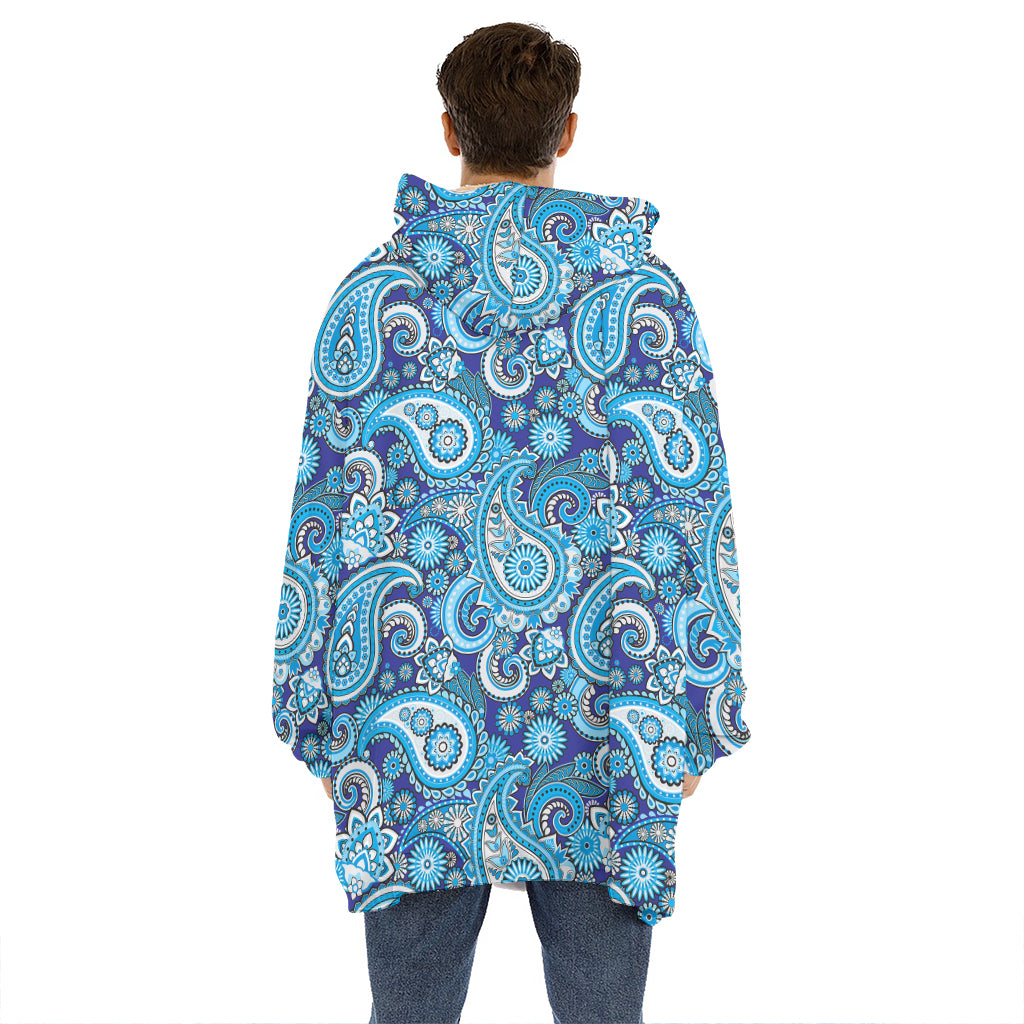 Blue Paisley Pattern Print Hoodie Blanket