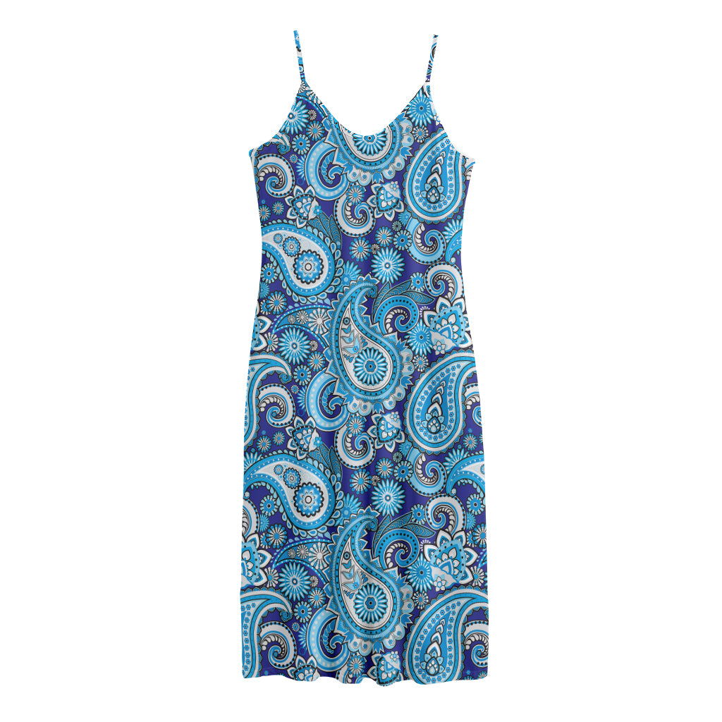Blue Paisley Pattern Print Jersey Midi Cami Dress