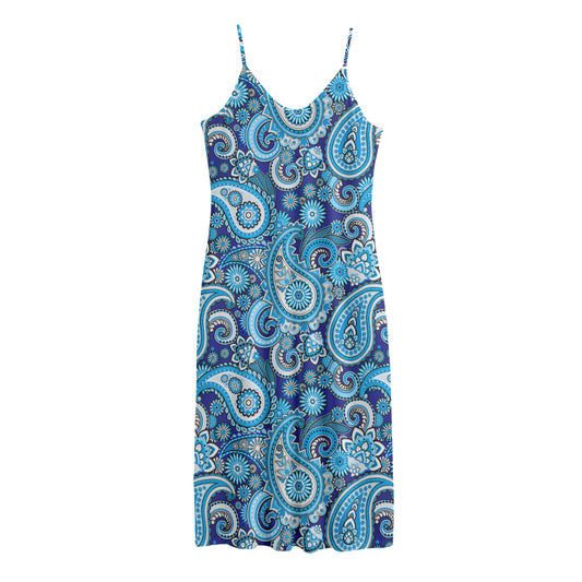 Blue Paisley Pattern Print Jersey Midi Cami Dress