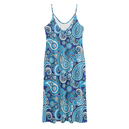 Blue Paisley Pattern Print Jersey Midi Cami Dress