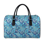Blue Paisley Pattern Print Leather Duffle Bag