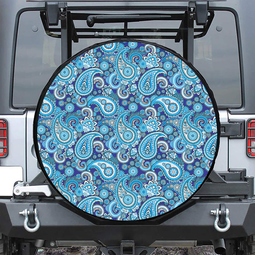 Blue Paisley Pattern Print Leather Spare Tire Cover