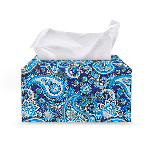 Blue Paisley Pattern Print Leather Tissue Box Cover