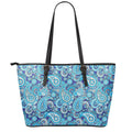 Blue Paisley Pattern Print Leather Tote Bag With Zipper