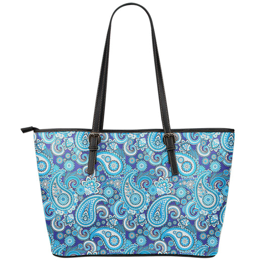 Blue Paisley Pattern Print Leather Tote Bag