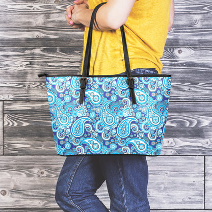 Blue Paisley Pattern Print Leather Tote Bag