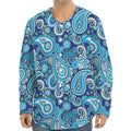 Blue Paisley Pattern Print Long Sleeve Baseball Jersey