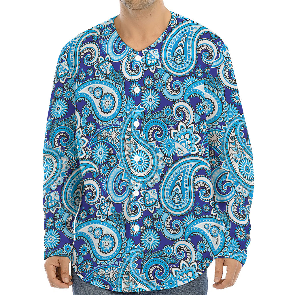 Blue Paisley Pattern Print Long Sleeve Baseball Jersey
