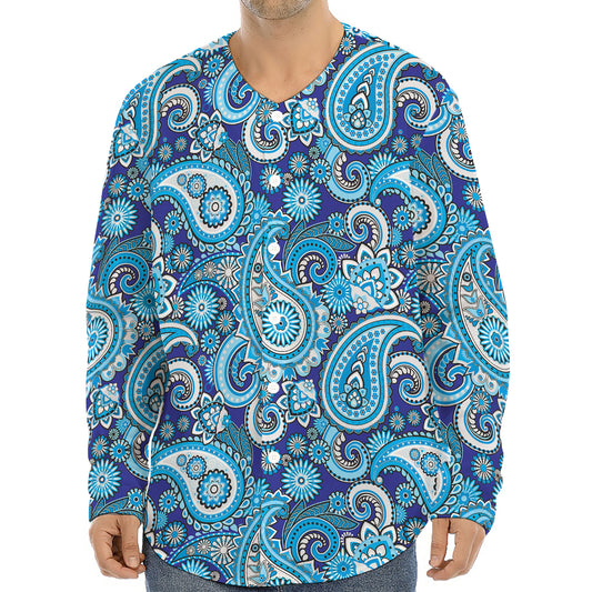 Blue Paisley Pattern Print Long Sleeve Baseball Jersey