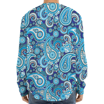 Blue Paisley Pattern Print Long Sleeve Baseball Jersey