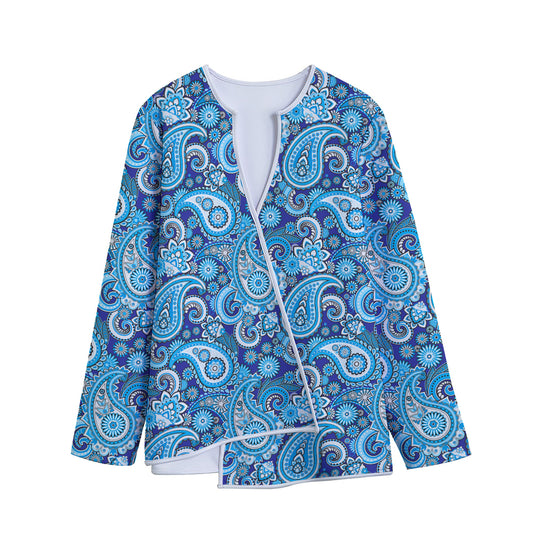 Blue Paisley Pattern Print Long Sleeve Short Coat