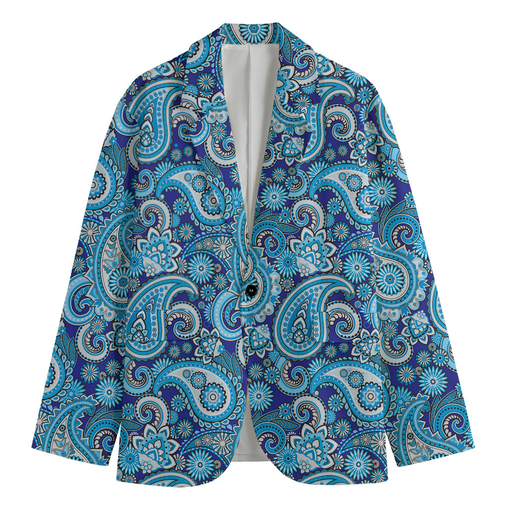 Blue Paisley Pattern Print Men's Cotton Blazer