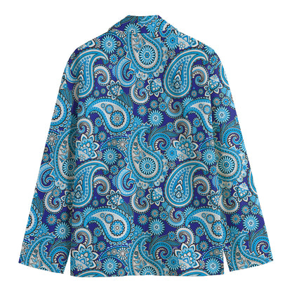 Blue Paisley Pattern Print Men's Cotton Blazer