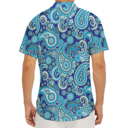 Blue Paisley Pattern Print Men's Deep V-Neck Shirt