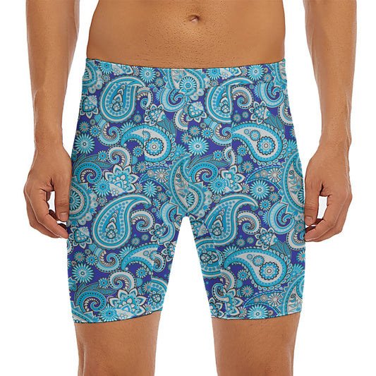 Blue Paisley Pattern Print Men's Long Boxer Briefs