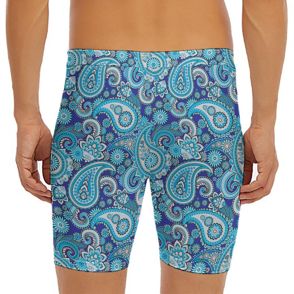 Blue Paisley Pattern Print Men's Long Boxer Briefs