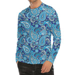 Blue Paisley Pattern Print Men's Long Sleeve Rash Guard