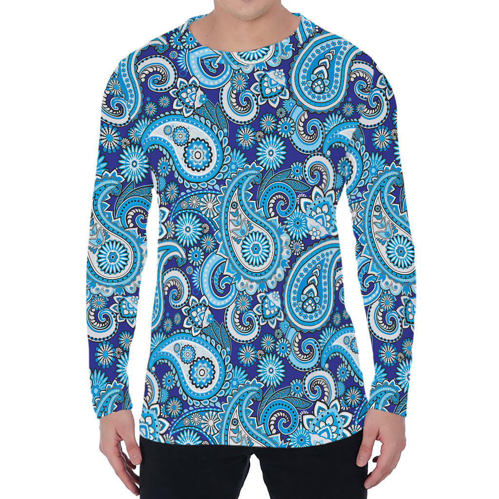 Blue Paisley Pattern Print Men's Long Sleeve T-Shirt
