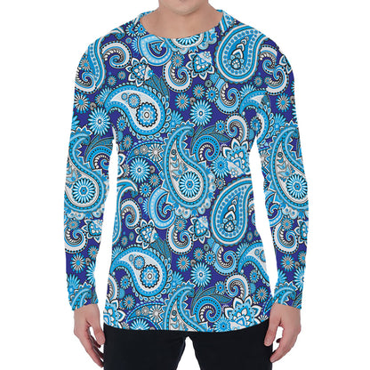Blue Paisley Pattern Print Men's Long Sleeve T-Shirt