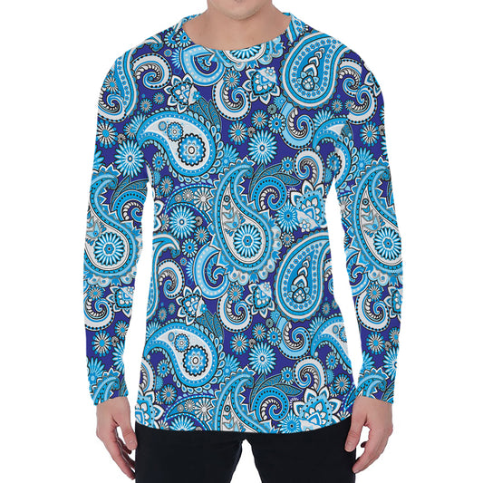 Blue Paisley Pattern Print Men's Long Sleeve T-Shirt