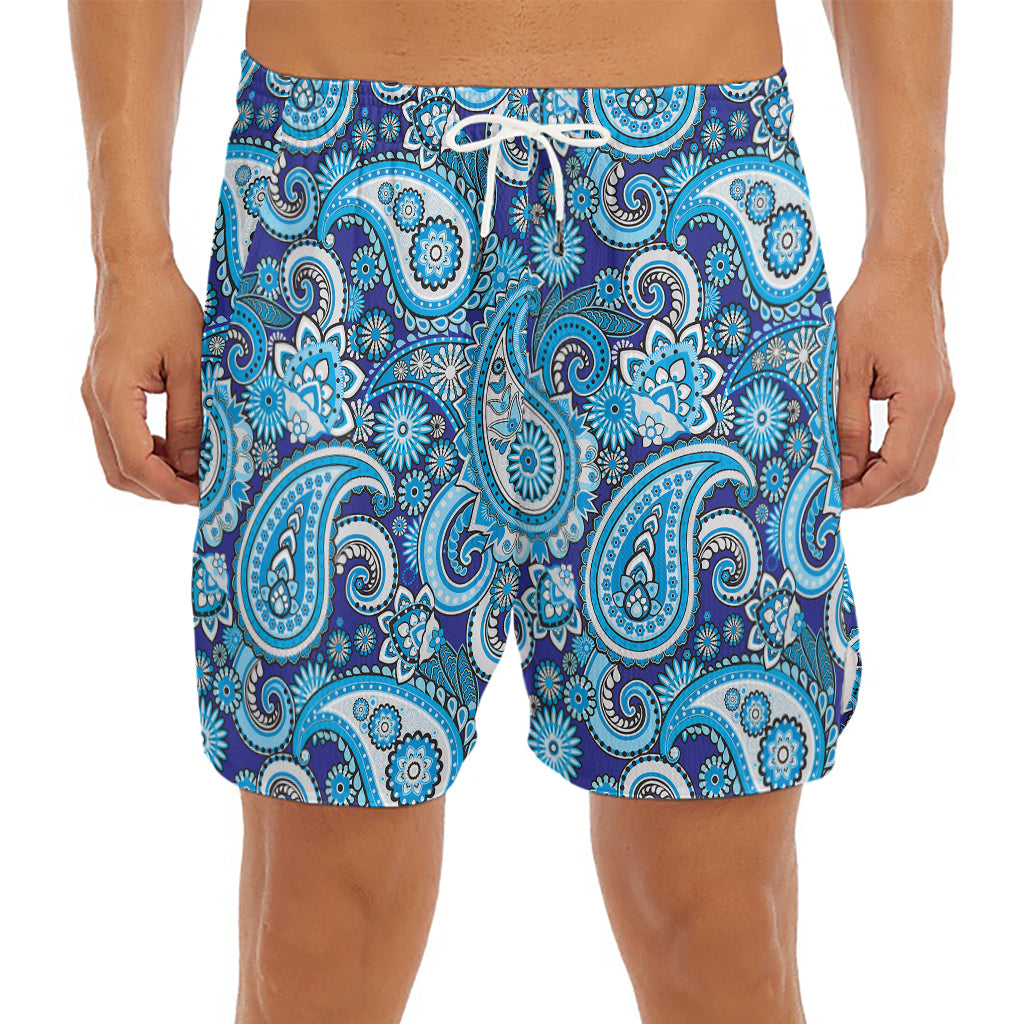 Blue Paisley Pattern Print Men's Split Running Shorts