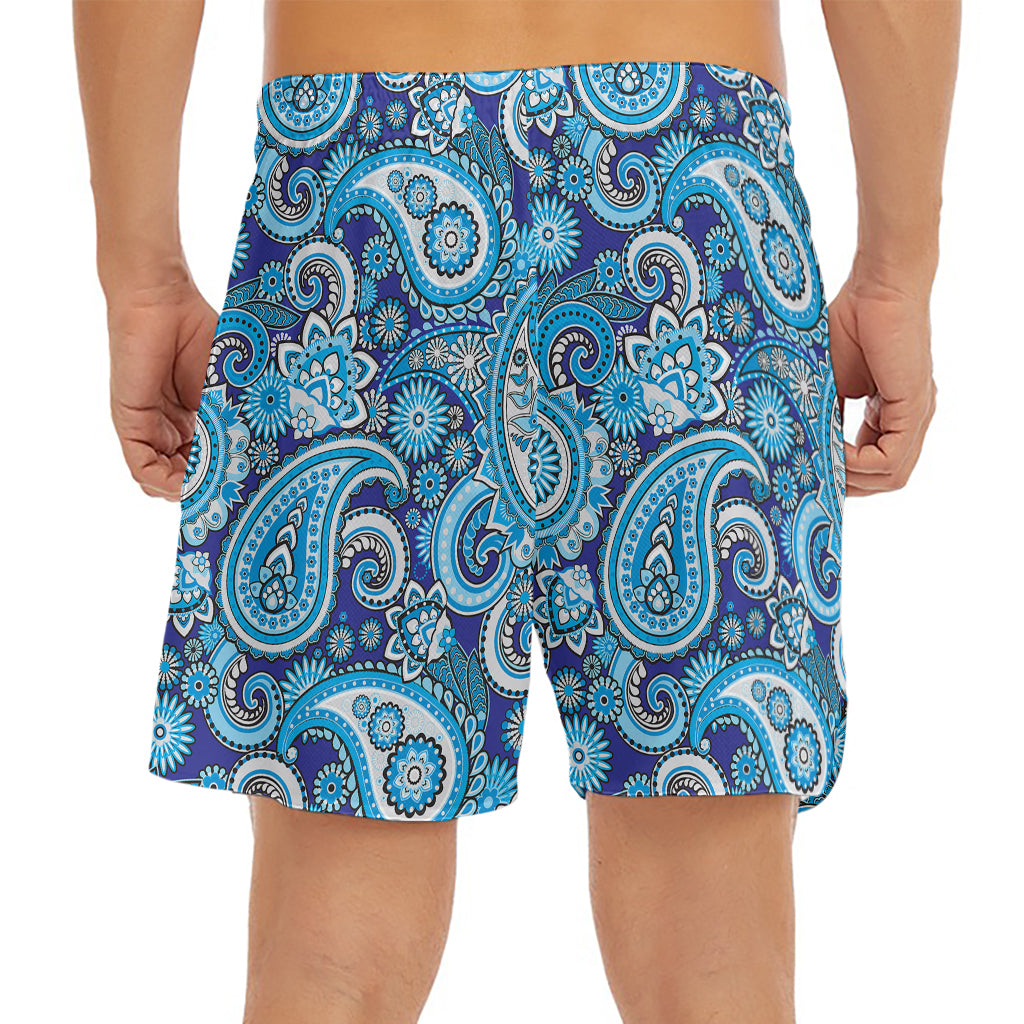 Blue Paisley Pattern Print Men's Split Running Shorts