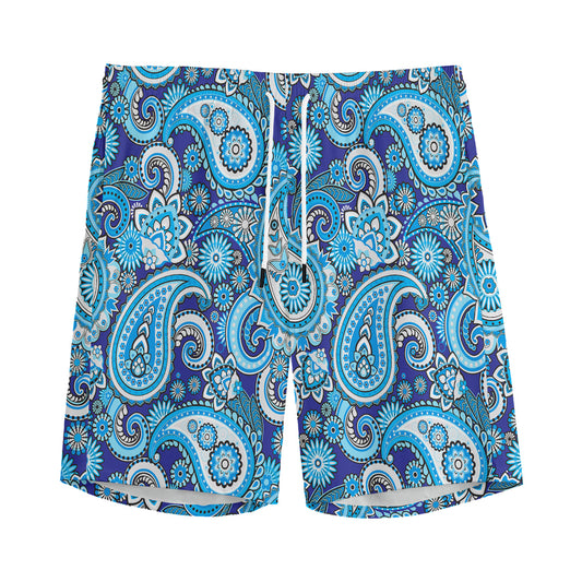 Blue Paisley Pattern Print Men's Sports Shorts