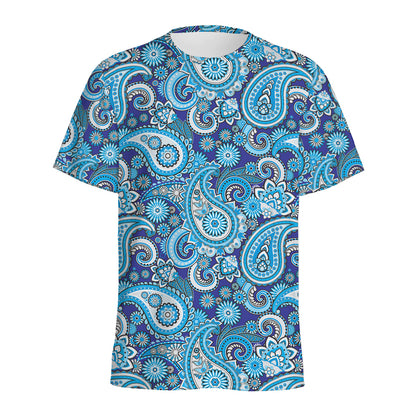 Blue Paisley Pattern Print Men's Sports T-Shirt