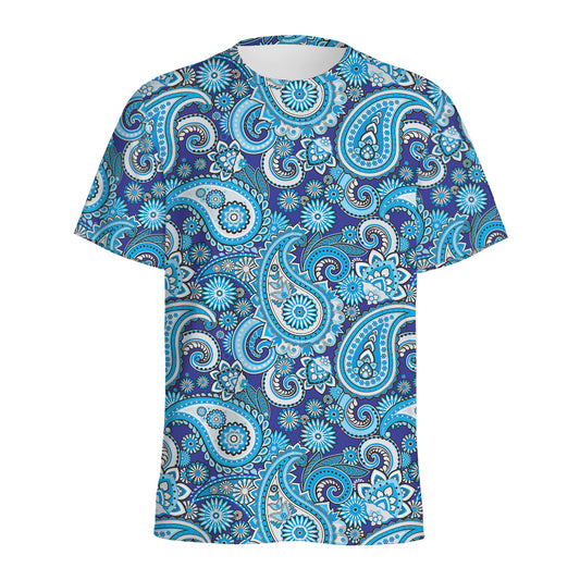 Blue Paisley Pattern Print Men's Sports T-Shirt