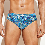 Blue Paisley Pattern Print Men's Swim Briefs