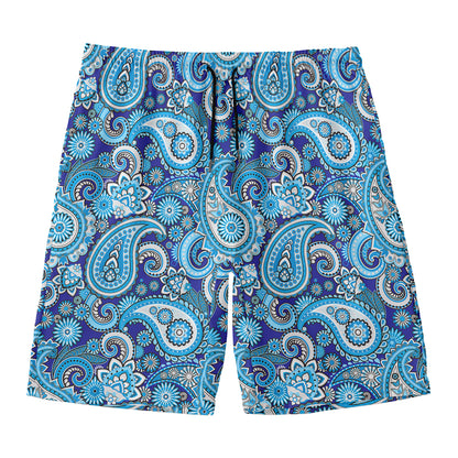 Blue Paisley Pattern Print Men's Swim Trunks