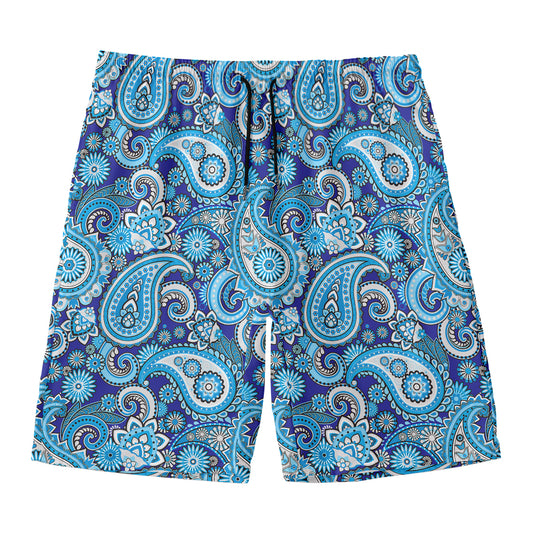 Blue Paisley Pattern Print Men's Swim Trunks