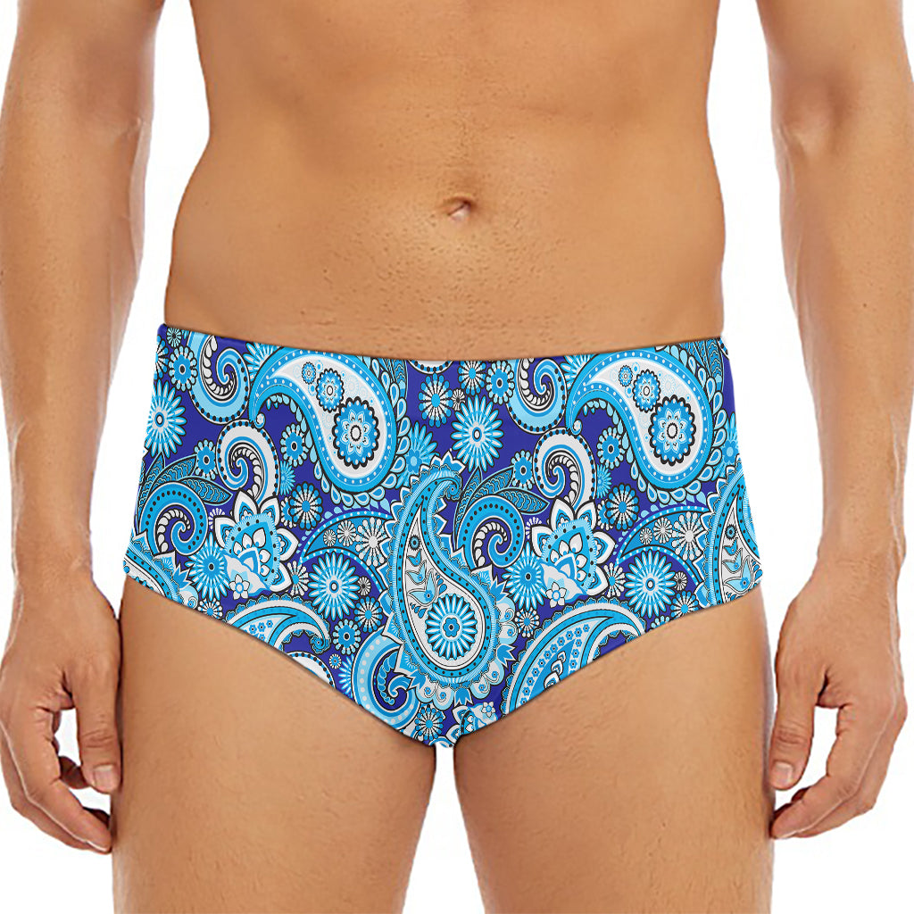 Blue Paisley Pattern Print Men's Triangle Swim Briefs