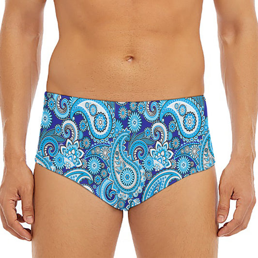 Blue Paisley Pattern Print Men's Triangle Swim Briefs