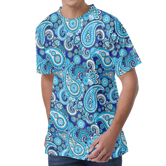 Blue Paisley Pattern Print Men's Velvet T-Shirt