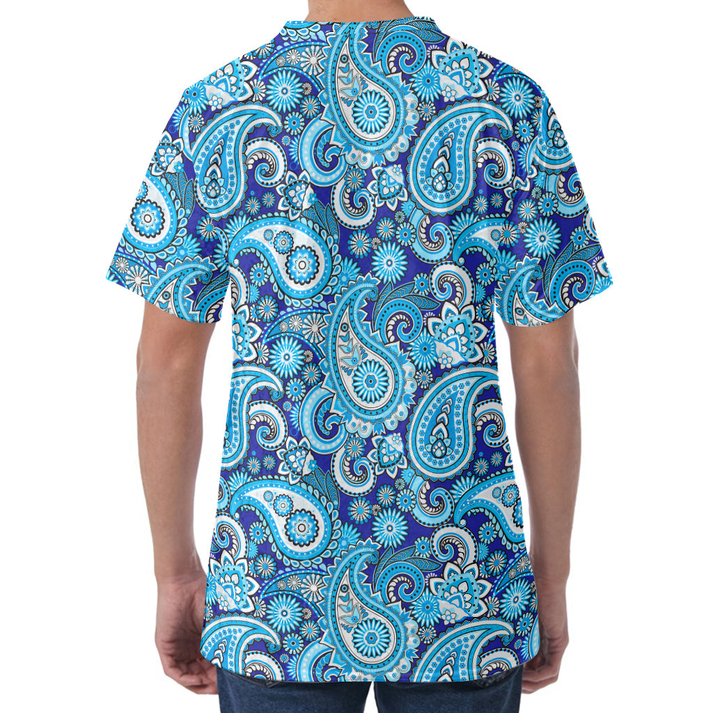 Blue Paisley Pattern Print Men's Velvet T-Shirt